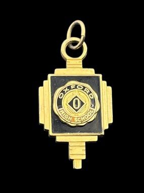 Oxford High School gold tone enamel fob pendant for necklace vintage